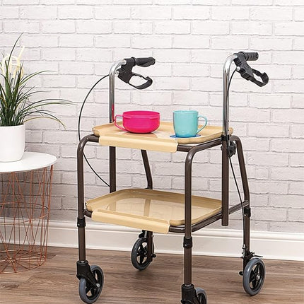 Indoor Mobility Walker with Wheels, Handy Trolley with Built-in Trays and Hand Brakes, Rollator with Trays
