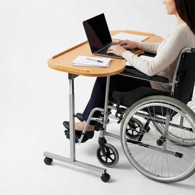 Curved Over Bed & Chair Table Adjustable Height & Width with Lockable Castors. Fits Over Riser Recliner Chairs