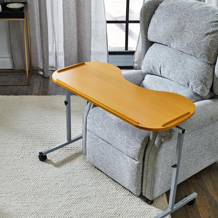 Curved Over Bed & Chair Table Adjustable Height & Width with Lockable Castors. Fits Over Riser Recliner Chairs