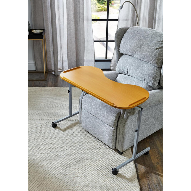 Curved Over Bed & Chair Table Adjustable Height & Width with Lockable Castors. Fits Over Riser Recliner Chairs