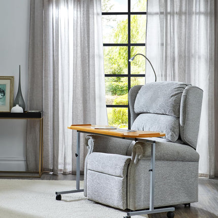 Curved Over Bed & Chair Table Adjustable Height & Width with Lockable Castors. Fits Over Riser Recliner Chairs
