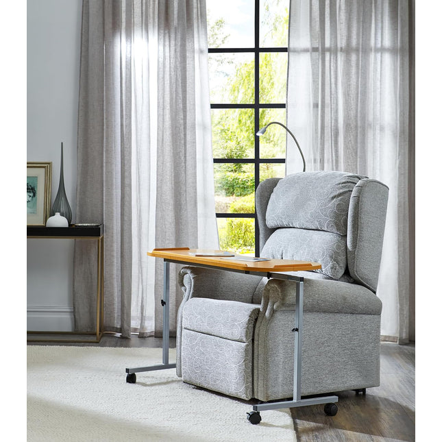 Curved Over Bed & Chair Table Adjustable Height & Width with Lockable Castors. Fits Over Riser Recliner Chairs