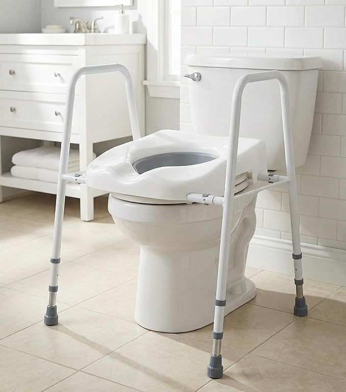 Breeze Toilet Frame with Moulded Seat, Height & Width Adjustable, Lightweight, Flat Packed for Elderly and Disabled, Bathroom Safety Frame, White, Mowbray Style